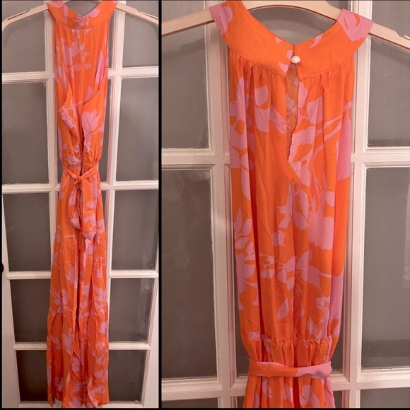 🌸Floral halter maxi dress in orange/pink tie waist tunic ruffle - Picture 6 of 6